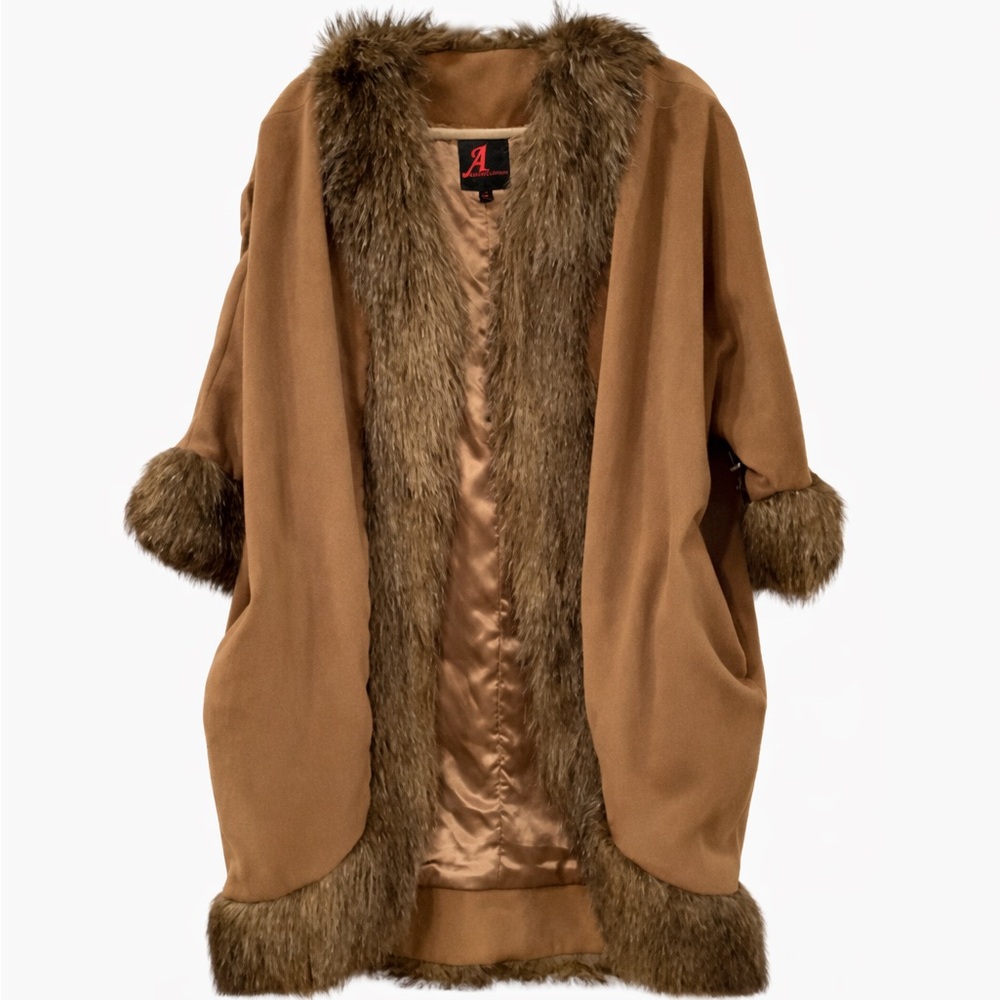 Adrienne Landau Camel Faux Fur Cape SIZE M